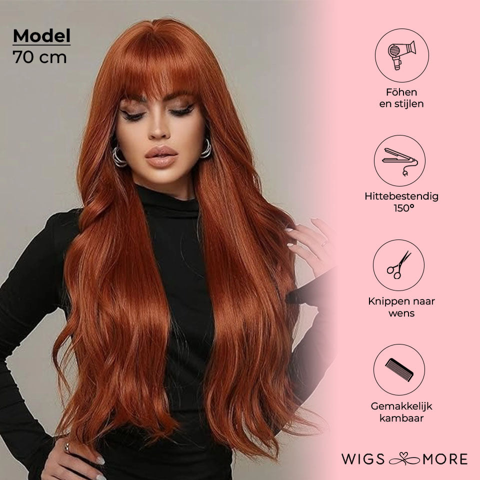 Koper rode pruik - golvend - 70cm
