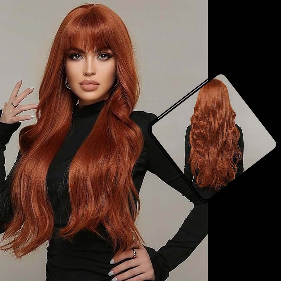 Koper rode pruik - golvend - 70cm