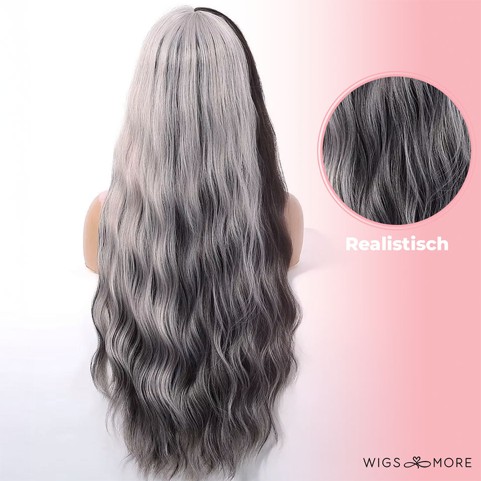 Zwart witte pruik - golvend - 65cm