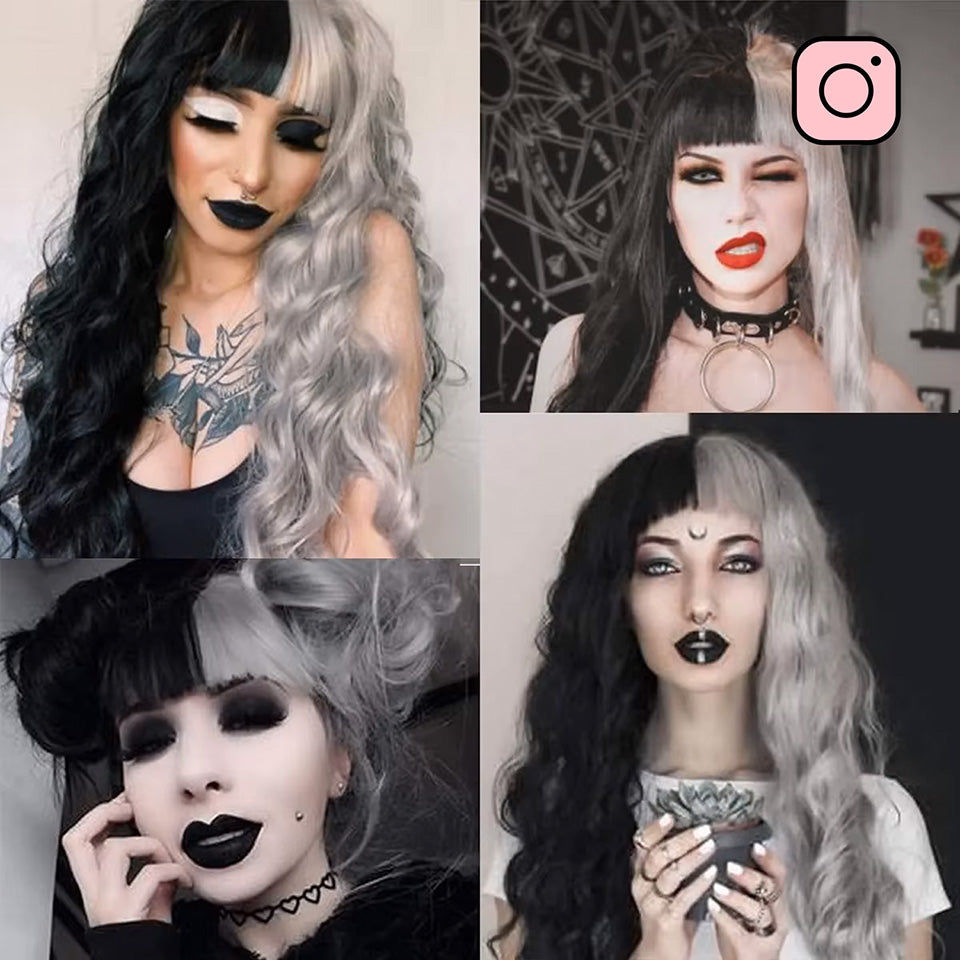 Zwart witte pruik - golvend - 65cm