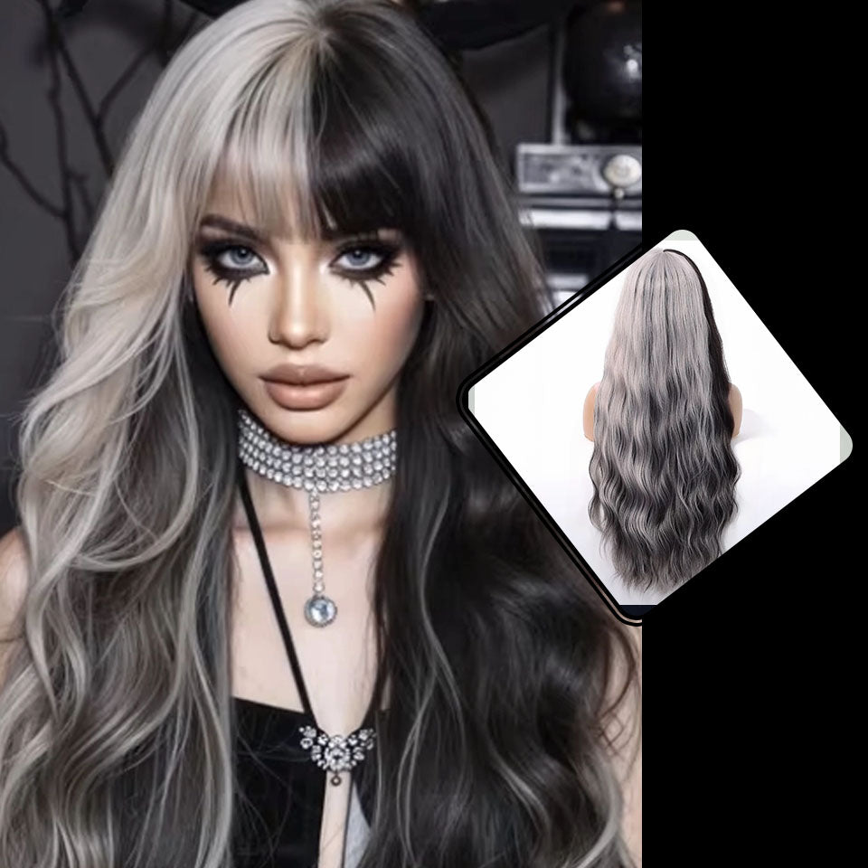 Zwart witte pruik - golvend - 65cm