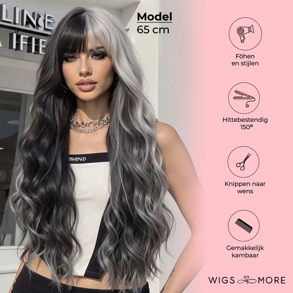 Zwart witte pruik - golvend - 65cm